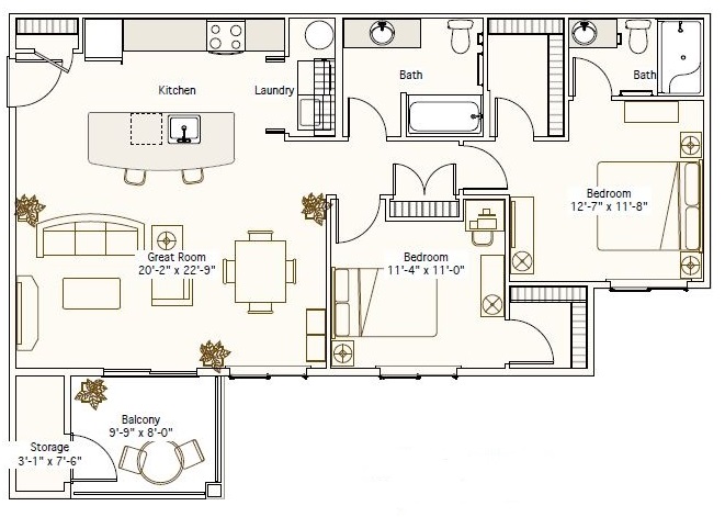 Floor plan for 2 beds, 2 baths, 1028 sqft